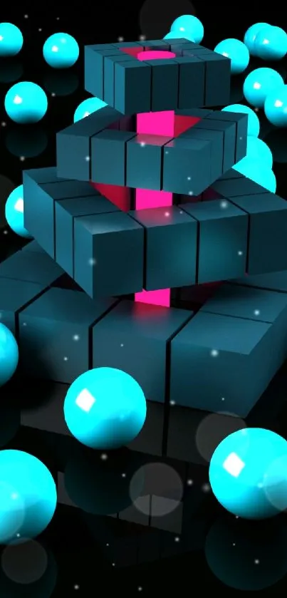 3D geometric wallpaper with blue spheres and a central cube stack glowing pink.