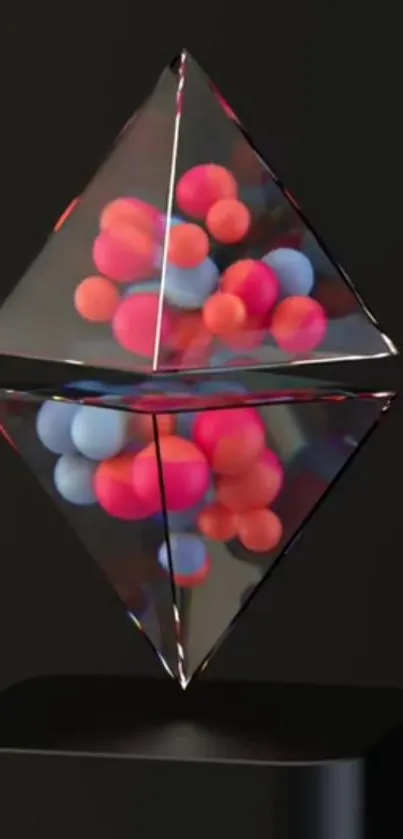 3D geometric digital art with vibrant spheres in a transparent pyramid.