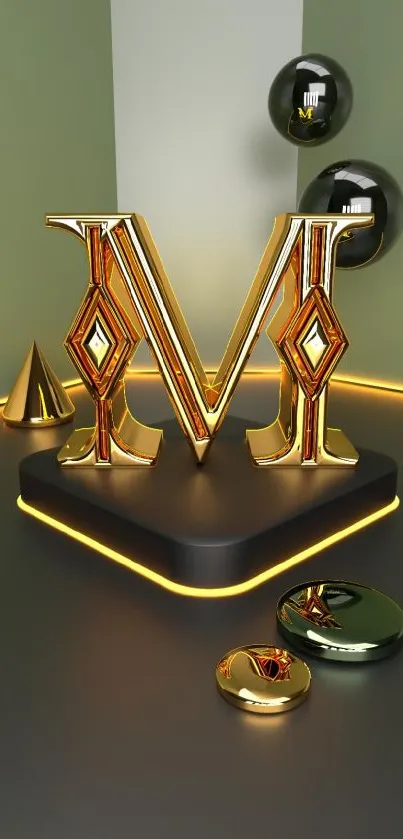 3D golden letter M with geometric shapes.