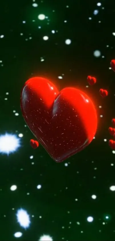 3D red heart with stars in a dark galaxy backdrop.