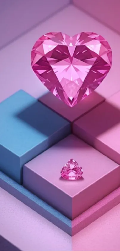 3D heart-shaped gem on blue and pink cubes, ideal for modern aesthetics.