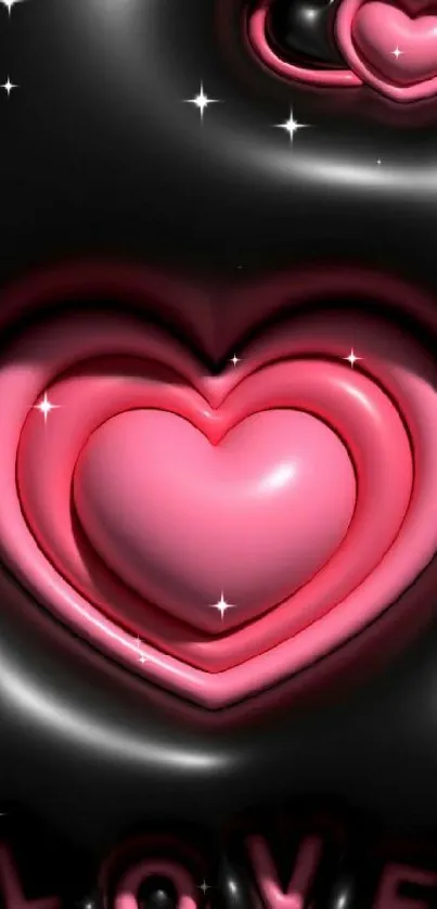 3D hearts on black background with the word love in pink.