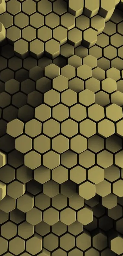 3D honeycomb pattern wallpaper with olive green hexagons.