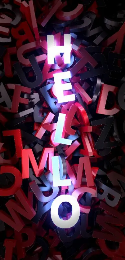 3D letters HELLO in red and black on a mobile wallpaper.