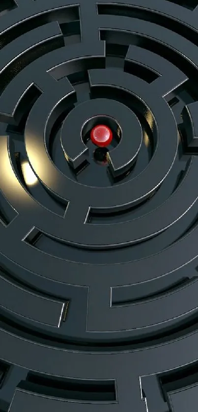 Dark grey 3D maze with central red dot.