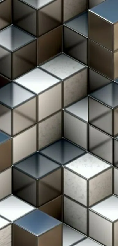 3D metallic cube wallpaper in silver and bronze.