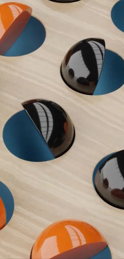 3D spheres in black and orange on modern wallpaper.