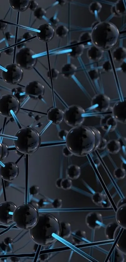 3D molecular structure with black nodes and blue rods on a dark background.