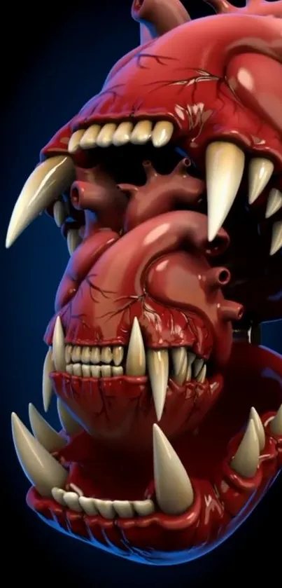 3D monster heart with sharp teeth on black background.