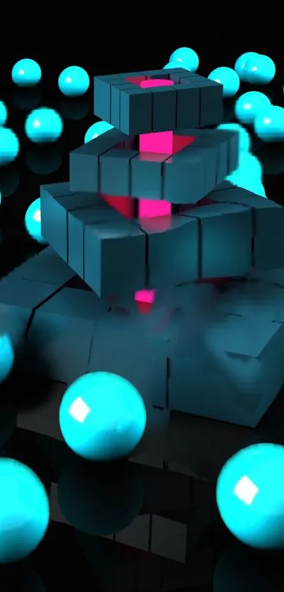 3D neon cube art with glowing blue spheres on a black background.