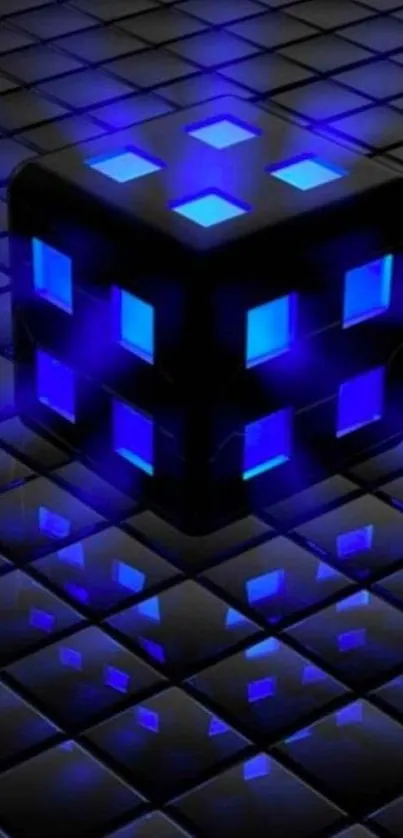 3D neon blue cube on a reflective black background.