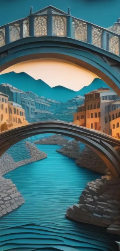 3D paper art of a bridge with river and buildings in teal blue tones.