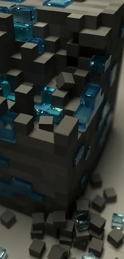 3D pixel block with blue crystals, game-themed wallpaper.