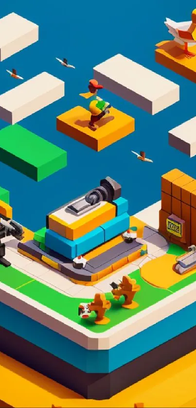 3D pixel art wallpaper with floating blocks and ducks.