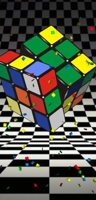 3D Rubik's cube on checkered pattern with colorful particles.