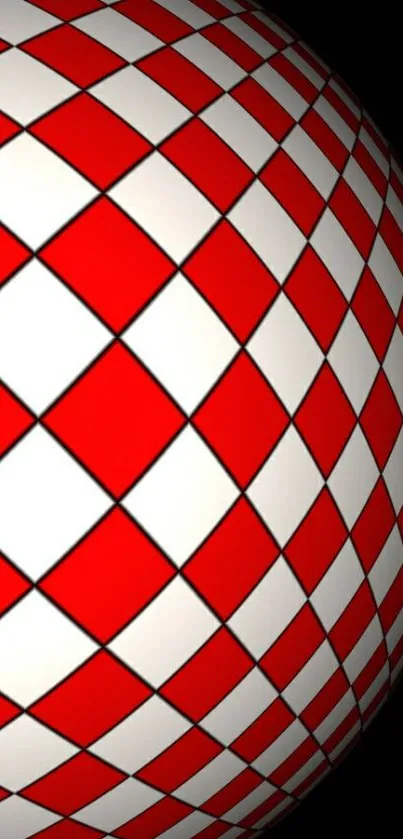 3D red and white checkered sphere on black background.