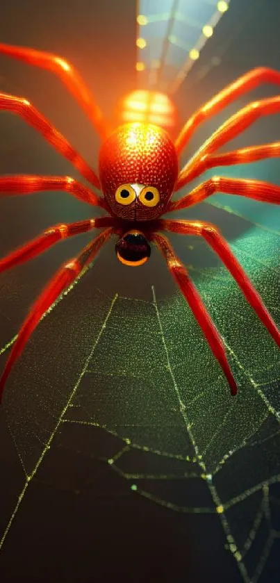 3D illustrated red spider on a glowing web wallpaper.