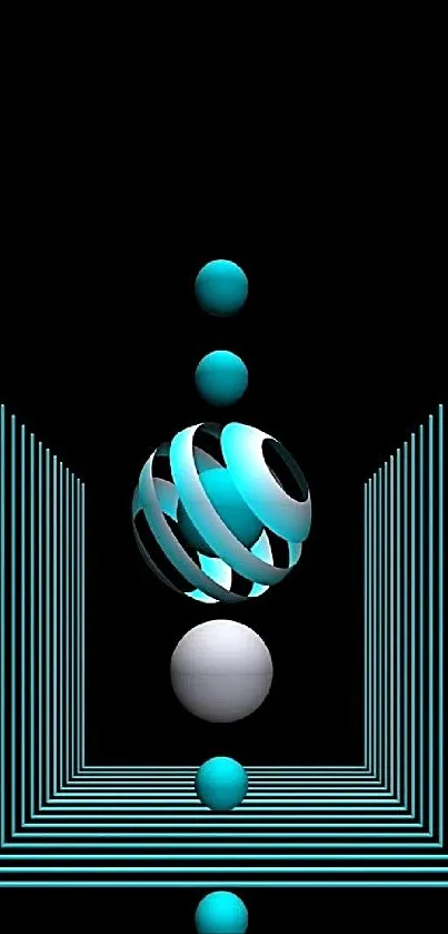 3D abstract design with blue spheres and geometric patterns on black background.