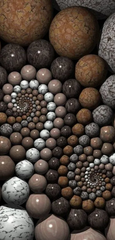 3D spiral pattern of textured stone spheres in brown tones.