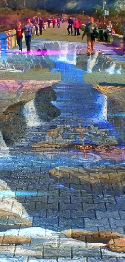 3D street art waterfall illusion on pathway with people around.