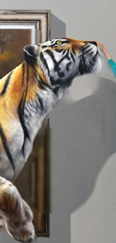 3D tiger illusion with realistic details stepping out of a frame.