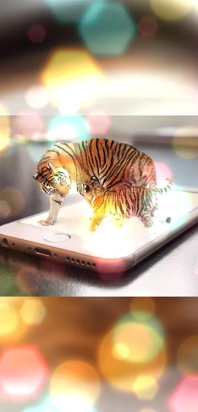 A 3D tiger stands on a smartphone surrounded by colorful bokeh lights.