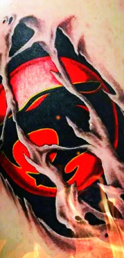 3D torn skin tattoo with red and black design.