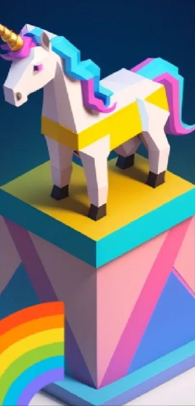 3D unicorn with rainbow on geometrical pedestal, colorful and vibrant.