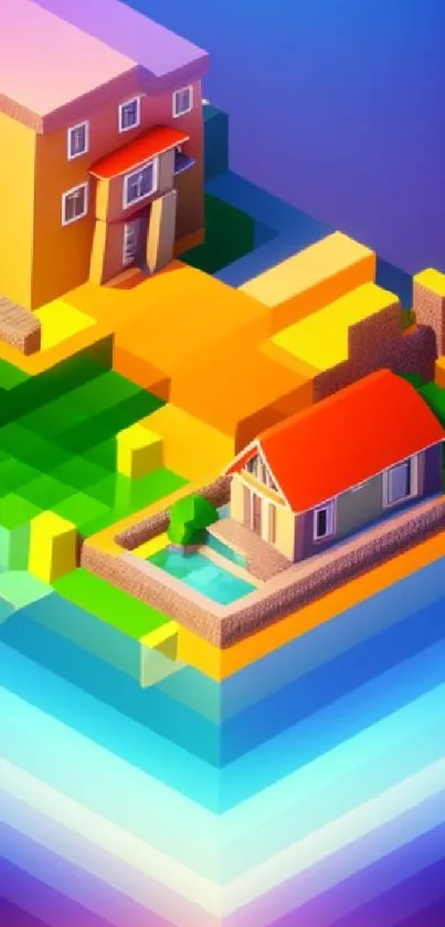 3D voxel art of colorful houses in vibrant geometric landscape.