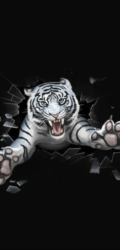 3D white tiger breaking through with fierce expression on dark background.