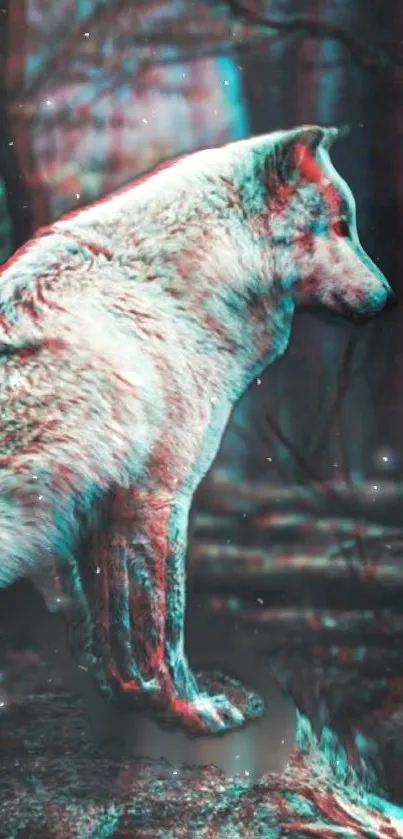 3D effect wolf in mystical forest wallpaper with vibrant colors.