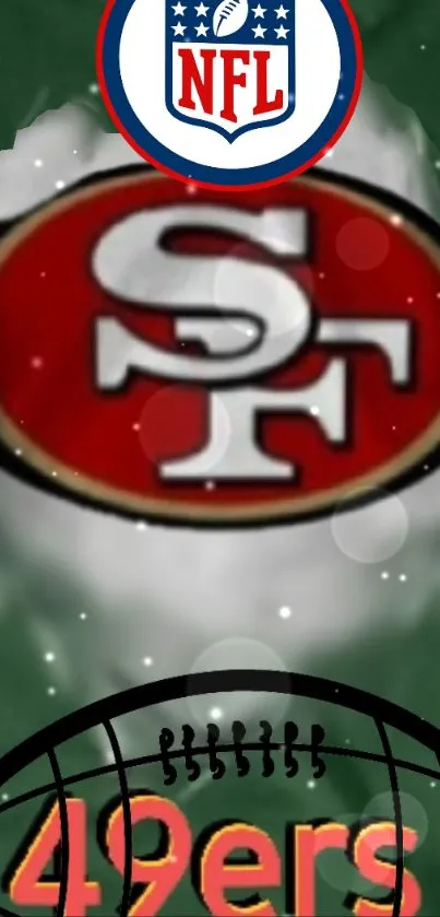 San Francisco 49ers emblem with red and gold accents on a dark background.