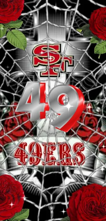 49ers themed wallpaper with red roses and spider web.