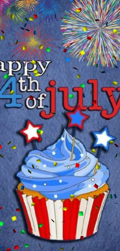 4th of July cupcake with fireworks and stars in a festive wallpaper.