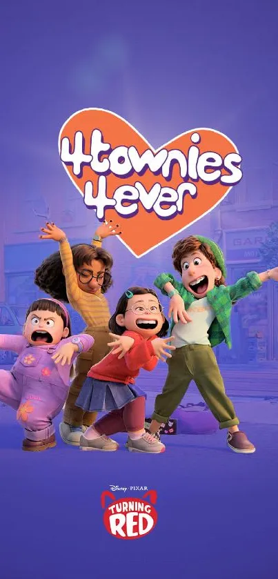 Vibrant 4Townies Forever wallpaper with animated characters on a purple background.