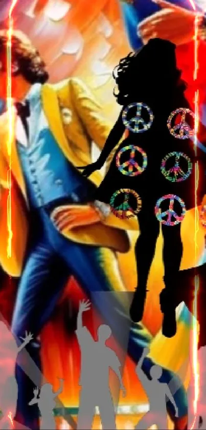 Retro 70's disco dance scene with vibrant colors.