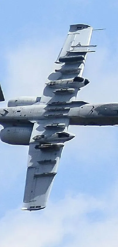 A-10 Thunderbolt flying high in a clear blue sky.