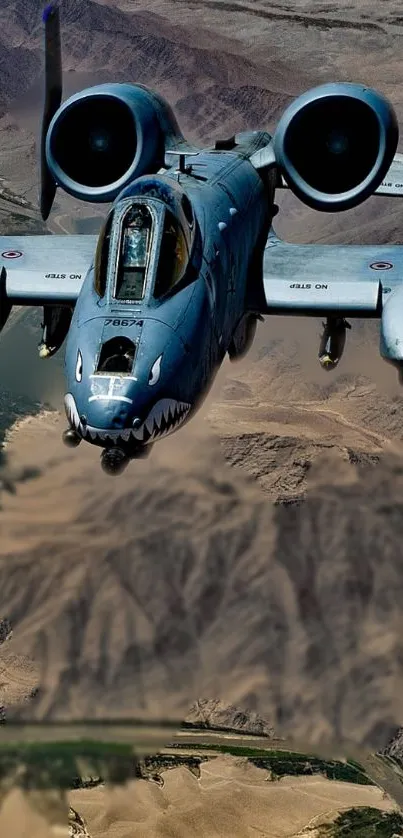 A-10 Thunderbolt II soaring over a desert landscape.