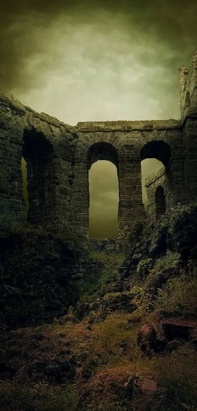 Abandoned castle ruins under cloudy sky with ominous atmosphere.