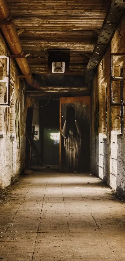 Eerie abandoned corridor with rustic textures and warm lighting.