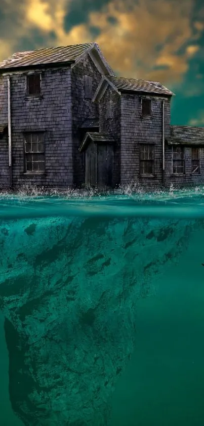 Abandoned house submerged in turquoise ocean under dramatic skies.