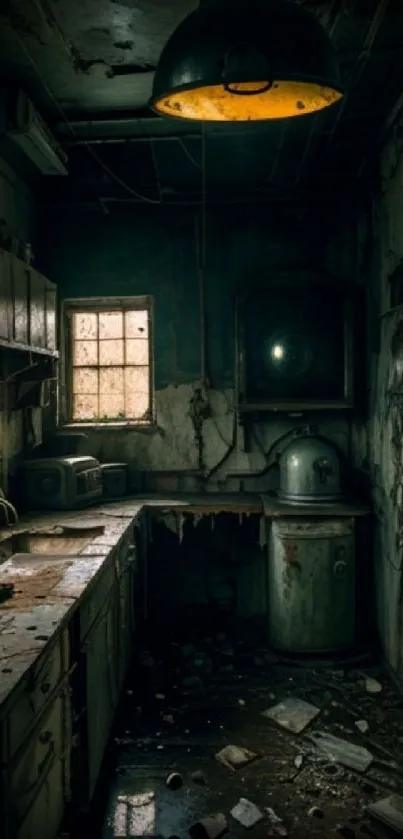Abandoned industrial kitchen with dark, rustic charm and vintage textures.