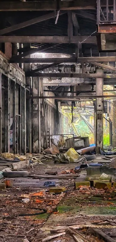 Abandoned warehouse with debris and broken structures, showcasing urban decay.