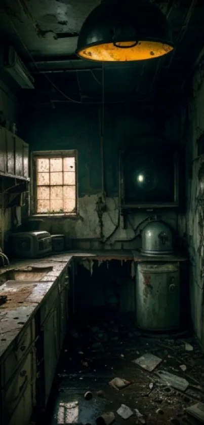 Dark abandoned kitchen wallpaper with vintage details and industrial aesthetic.