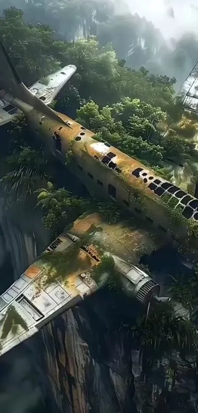 Abandoned plane in lush green jungle, nature-inspired wallpaper.