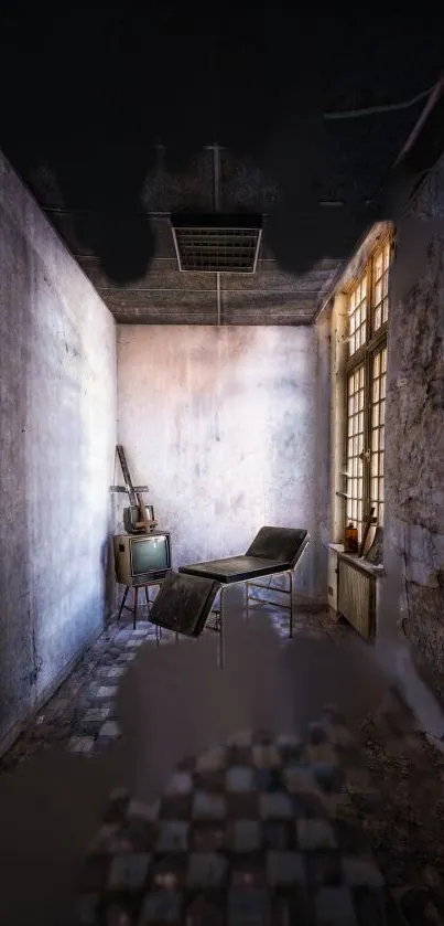 Abandoned room with vintage furniture and moody lighting wallpaper.