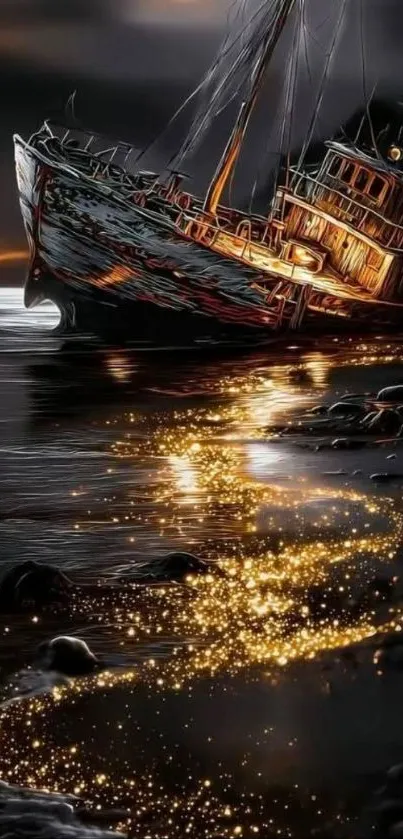 Abandoned ship at sunset with golden reflections on shore.