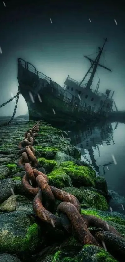 Abandoned ship in a misty harbor with moss-covered rocks.