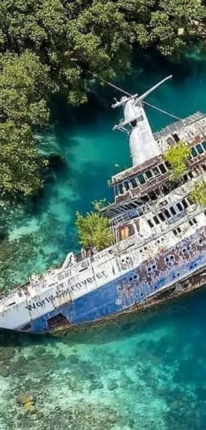 Abandoned ship in turquoise waters surrounded by trees.