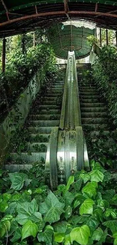 Overgrown staircase with lush green vines in an abandoned urban setting.